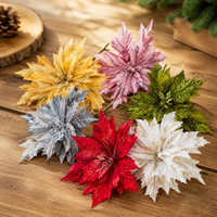 Fleur de Noël rouge artificielle avec feuilles artificielles poudrées, fournitures de Noël, décoration de sapin de Noël