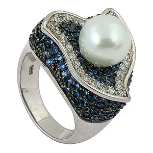 Anillo Ajustable con Perlas y Piedras Preciosas Plateadas, Joyería Moderna para Mujer, Talla Única - Product Image 1