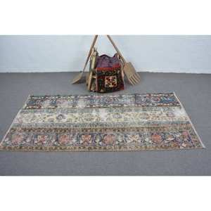 Tapis Turc Vintage Beige Bleu 3.1 X 6.7ft Laine Faite à la Main avec Pile en Peluche Hauteur Forme Rectangulaire Motif Abstrait pour Chambre - Product Image 3