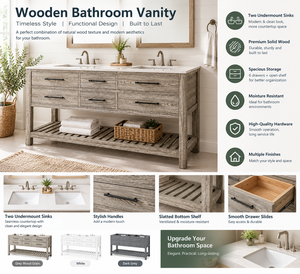 60" Wavecrest Vanity, Double Bowl Vanity Weathered Grey Design Floor Standing With Drawers <b>Cabinet</b> Vanity - Product Image 1