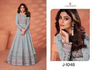 Vestido de Anarkali étnico Georgette de imitación pesado de moda para mujer, traje de fiesta largo de trabajo con Secuencia de Mate bordada - Product Image 6