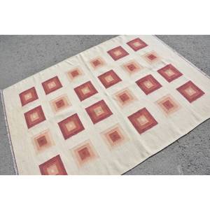 Modern Vintage Turkish Rug Large Area 4.5 X 6.1 ft Beige <b>Red</b> Abstract Pattern <b>Wool</b> Material 10mm Thickness Latex for Hallway - Product Image 2