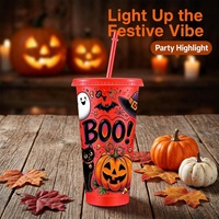 Gobelet de fête d'Halloween 24oz en plastique avec couvercle et paille, sans BPA, logo personnalisé, réutilisable, motif fantôme et citrouille, OEM