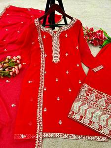 Magnifique ensemble de vêtements traditionnels en faux georgette avec broderie lourde et travail de séquence, haut à manches longues, pantalon et dupatta - Product Image 3