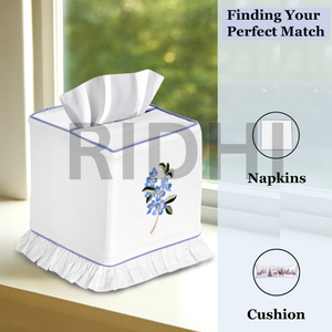 Funda para Caja de Pañuelos de Tela Ecológica Clásica con Volantes Bordados en Azul Periwinkle de Ridhi, Porta Servilletas Decorativo Floral Hecho a Mano - Product Image 6
