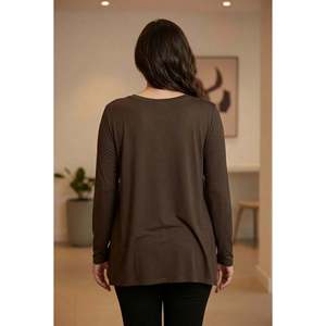 T-shirt à manches longues col rond grande taille avec fentes latérales, marron - Product Image 5