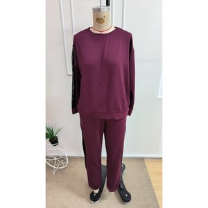 Ensemble deux pièces pour femme, chemisier à manches longues, col rond, détails en tulle, viscose, deux fils, et pantalon, 37521 - Bourgogne - Product Image 5