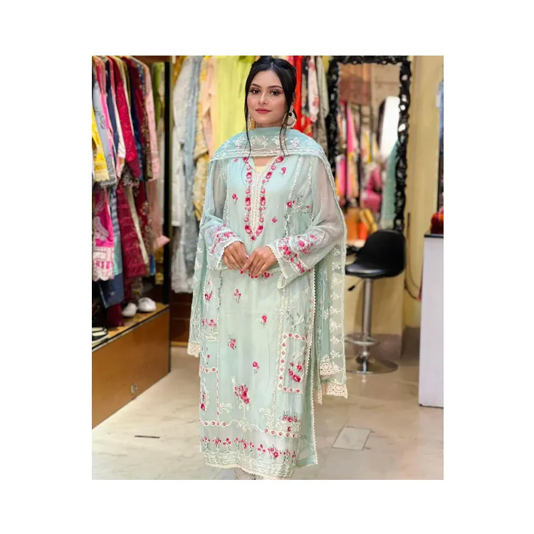 신뢰할 수있는 인도 공급 업체의 아름다운 패션 디자이너 결혼식 및 파티 착용 조젯 자수 손 작업 Salwar 정장