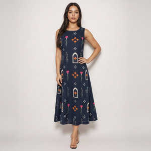 Vestido Midi A-Line de Algodón 100% Jaipur Navy con Elegante Estampado a Bloques y Bordado para Mujer, Tallas XS-5XL, Ideal para Fiestas y Salidas Nocturnas - Product Image 1