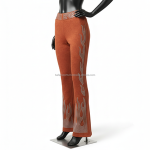 Pantalon évasé pour femme en tricot extensible polyester élasthanne 240 GSM, tissu respirant, logo thermocollant marron cristal, pantalon évasé pour femme - Product Image 5