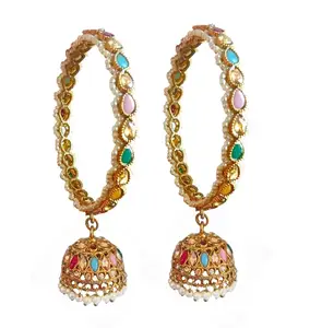 Indian Manufacturer Jewellery Supplier Gold Plated Faux Pearl Kundan Beaded Jhumki Wedding Bangles Jewelry Set For Women