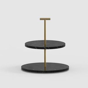 Support à gâteau en marbre noir à deux niveaux de luxe avec poignée dorée, support de présentation de desserts moderne et élégant pour mariage, fête, décoration de table d'hôtel - Product Image 1