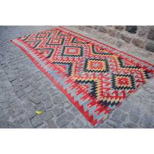 Vintage Large Rug, 5.7x11.2 ft Turkish Rug, <b>Red</b> Kilim <b>Wool</b> Rug - Product Image 3