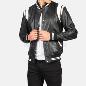 Meilleure veste en cuir de vache de haute qualité pour hommes style de rue haute avec col montant motif de lettres en toile à bas prix - Product Image 2