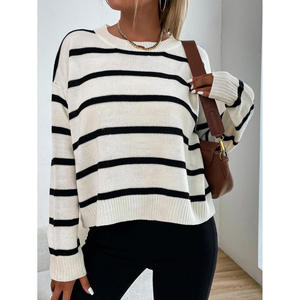 Pull en tricot à col rond et épaules tombantes rayé pour femme, doux et chaud, idéal pour l'automne - Product Image 1