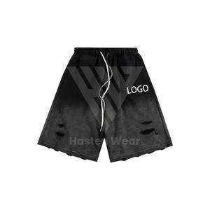 Qualité supérieure hommes détresse broderie taille élastique Shorts décontracté extérieur haute rue mode porter coupe ample toile solide - Product Image 3