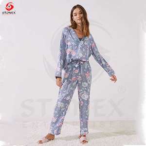 Conjunto de Pijamas para Mujer, 2 Piezas, Diseño Sólido, Traje de Manga Larga y Pantalones, Ropa de Dormir de Satén y Seda para Mujer, Primavera Verano - Product Image 1