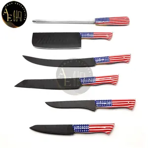 Kitchen Knife Set of 5 Pcs & Sharpening Rod with D2 Steel Black Coating Blades with American Flag Handle with Leather Roll Kit