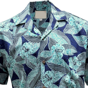 เสื้อฮาวายสำหรับผู้ชายปรับแต่งได้เสื้อเชิ้ตสีเบจสีฟ้าเข้มลายดอกชบาผ้าพอปลินสำหรับผู้ผลิตในฤดูร้อน - Product Image 2