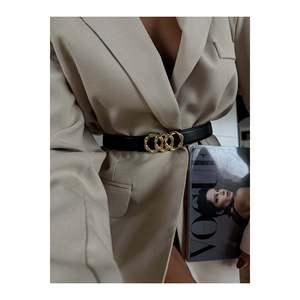 Genuine <b>Domed</b> Leather Combined <b>Ring</b> Buckle Women's Trouser Belt, Jacket Belt, Dress Belt - Black - Product Image 1