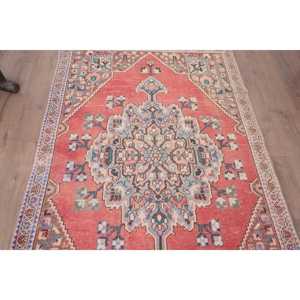 Turkish Vintage Rug, 4.2x6.3 ft Area Rug, <b>Red</b> Blue Ombr <b>Wool</b> Rug - Product Image 3