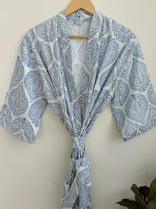 ชุดคลุมอาบน้ำชุดกิโมโนยาวถึงพื้นทำจากผ้าฝ้าย100% ชุดนอนแม็กซี่พิมพ์ลายสีฟ้า - Product Image 2