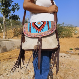 LW Western Stylish Real Tooled Aztec Leather Multi Color Fringe Sling Bag Hot Selling New Arrival Tooled Saddle <b>Blanket</b> Handbag - Product Image 3