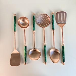 Factory Price Eco-Friendly <b>Kitchen</b> <b>Utensil</b> Set Easy Hook Green Resin Handle Stainless Steel Ladle Turner Home Cooking <b>Copper</b> - Product Image 3