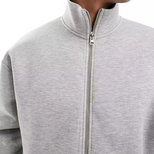 Sudadera Corta de Alta Calidad, Color Gris, Cierre Completo, Cuello Alto Simulado, Felpa de Algodón Grueso, Estilo Holgado - Product Image 1