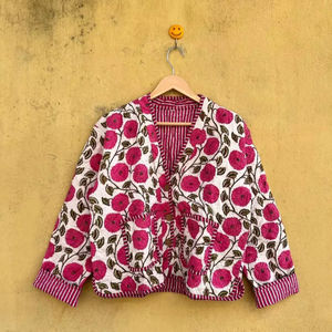 Pink FloralPrint Cotton Handmade Reversible <b>Lightweight</b> Quilted Short <b>Jacket</b> <b>Women</b> Wear New Style Coat Party Wear Quilted <b>Jacket</b> - Product Image 1
