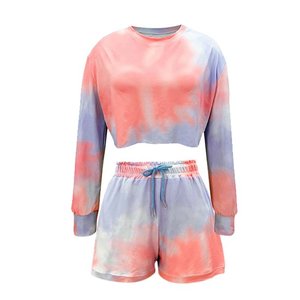 ชุดครอปแขนยาวมัดย้อมสำหรับผู้หญิง,ชุดวอร์มกางเกงขาสั้นแบบมีเชือกผูก2ชิ้นปี2022 - Product Image 3