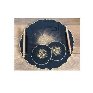 <b>Black</b> Resin With Gold Texture Design Epoxy Resin Tray With <b>Coasters</b> Set High Quality Resin Serving Tray for Home Hotel - Product Image 2