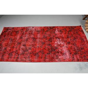 Turkish Vintage Rug, 3.1x6.8 ft Rug, <b>Red</b> Black Floral <b>Wool</b> Rug - Product Image 4