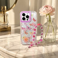 Coques de téléphone fantaisie motif fleur et papillon pour iPhone 17 16 15 Pro Max, antichoc, avec paillettes et protection d'objectif, et dragonne