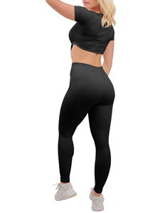 <b>Women</b> Ribbed High Waist <b>Leggings</b> <b>Crop</b> Top Seamless Stretch Tracksuit Gym Set Seamless in Stock Fitness Wear Breathable OEM - Product Image 3
