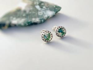 Natural Moss Agate Gemstone <b>Stud</b> <b>Earrings</b> <b>Silver</b> <b>Stud</b> Round Shape <b>Stud</b> <b>Earring</b> Pairs Bezel <b>Set</b> <b>Earrings</b> Wholesale Jewelry Gifts - Product Image 2