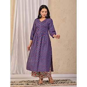 Ensemble Kurta Anarkali et pantalon imprimé bleu, style ethnique indien avec broderies, pour tenue de soirée, en coton filet - Product Image 4