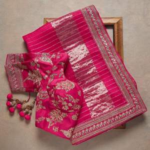 Boutique de exportación de tela de seda bordado con blusa Sari último exclusivo Sari étnico nupcial bodas impresionante diseño de túnica - Product Image 6