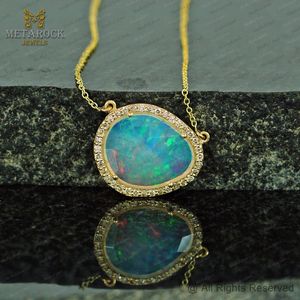 Solid <b>14k</b> <b>Gold</b> <b>Necklace</b> Pave Diamond Jewelry Natural Opal Gemstone Top Quality New Design - Product Image 3