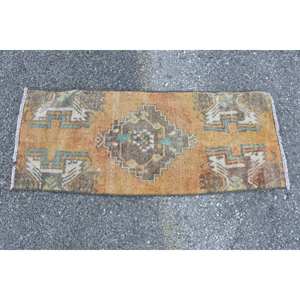 Alfombra de Lana Vintage Naranja Marrón 1.4x3.6 pies, Clásica Turca, Rectangular Grande para Pasillo, Patchwork, Ecológica, Pelo Medio - Product Image 4