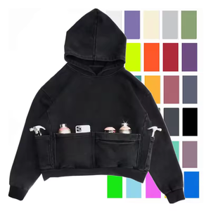 Sudaderas con capucha de peso pesado de algodón con logotipo personalizado para hombre Cargo Track 3D bolsillos sudaderas con capucha de gran tamaño Vintage Stone Washed Zip Up Hoodies - Product Image 3