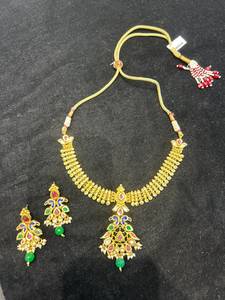 TISHYA DIAMOND Ethnic Gold Plated Alloy Necklace Earrings <b>Set</b> Imitation <b>Pearl</b> Green Beads Brilliant Cut Moissanite Women <b>Jewelry</b> - Product Image 4