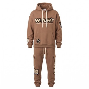 <b>Mens</b> Sweat Suit Tracksuit Chenille Patch Pullover Hoodie <b>Cargo</b> <b>Joggers</b> 420 GSM Cappuccino Custom Logo - Product Image 1