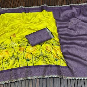 Sari de Georgette de Seda Pura VASTRA COTTAGE con Tejido Jacquard, Pallu Rico, Estampado Digital Pichvai Hecho a Mano con Blusa en Contraste - Product Image 5