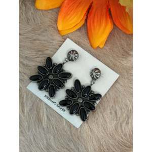 Jacqueline Silver <b>Onyx</b> & Sterling Silver Flower Stud <b>Earrings</b> with Pear Cut Diamond and Pearl - Product Image 4