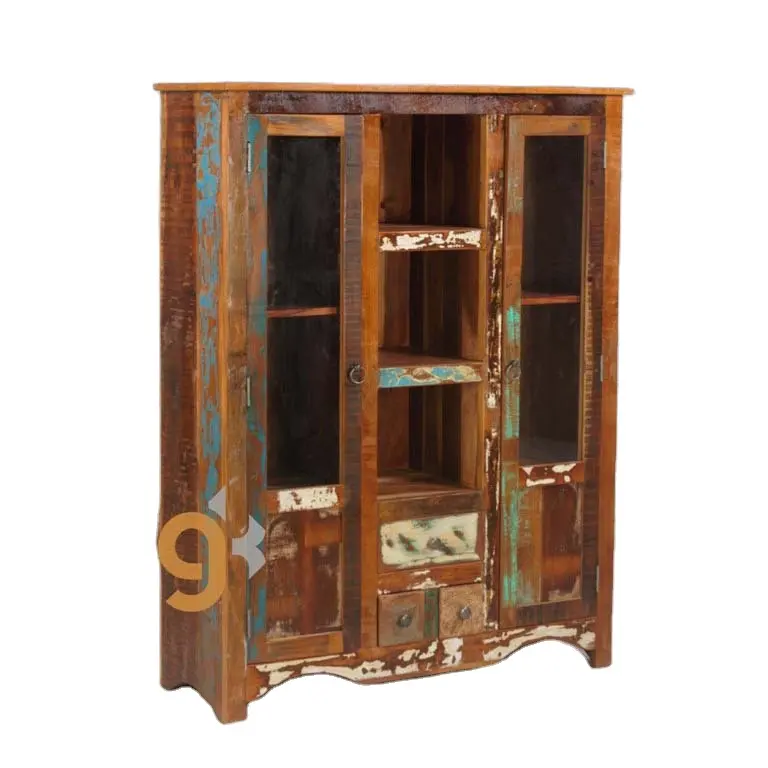 Rustikale wieder gewonnene Holz Glastür Almirah Design Retro Wandschrank Cum Vitrine Fall für Wohnzimmer möbel