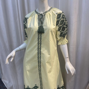 Femmes décontracté élégant 100% coton robe broderie à manches longues col en V Maxi lavable taille naturelle pour les vacances - Product Image 1