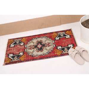 Turkish 1.5x3.1 ft Rug, Vintage Rug, <b>Red</b> Animal Print <b>Wool</b> Rug - Product Image 1