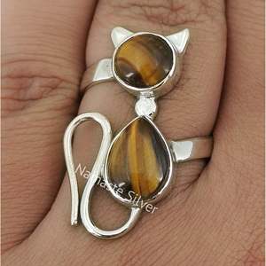Handmade Tiger's Eye Sterling Silver Cat <b>Ring</b> Boho <b>Statement</b> Jewelry for Her for Birthday Anniversary Valentine's Day Gift - Product Image 1