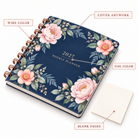Carnet de notes hebdomadaire LABON A5 personnalisé à spirale, motif floral, bleu marine et or rose, pages vierges, OEM, pour papeterie de marque